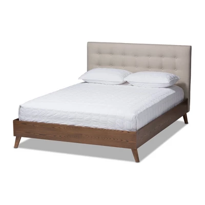 King Alinia Mid Century Retro Modern Fabric Upholstered Walnut Wood Platform Bed - Baxton Studio - Image 9