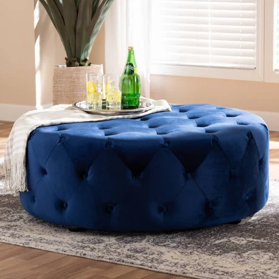 Cardiff Velvet Fabric Upholstered Button Tufted Cocktail Ottoman Blue - Baxton Studio - Image 3