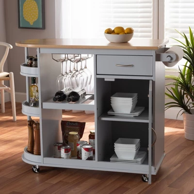 Donnie Wood Kitchen Storage Cart Light Gray/Natural - Baxton Studio - Image 11
