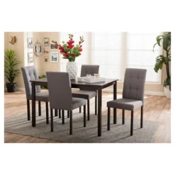 5pc Andrew Modern And Contemporary Fabric Upholstered Grid Tufting Dining Set Dark Brown/Gray - Baxton Studio
