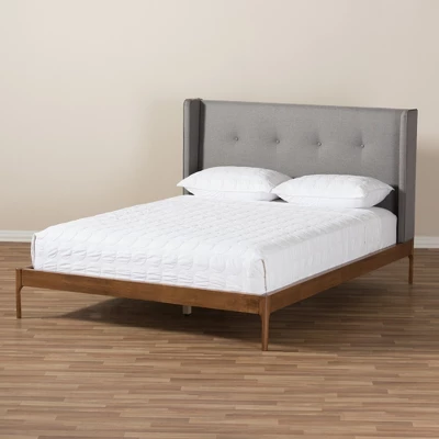 Brooklyn Mid Century Modern Walnut Wood Fabric Upholstered Platform Bed - Baxton Studio