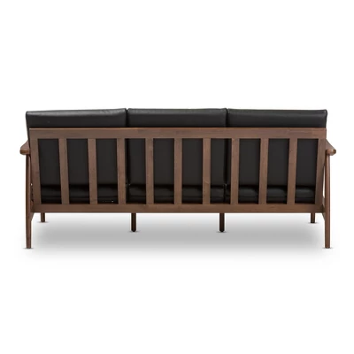 Venza Mid-Modern Walnut Wood Faux Leather 3 Seater Sofa Black - Baxton Studio - Image 3