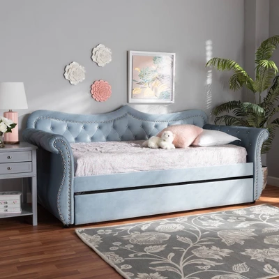 Twin Abbie Velvet Tufted Daybed With Trundle Light Blue - Baxton Studio - Image 8