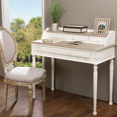 Anjou Traditional French Accent Writing Desk White/Light Brown - Baxton Studio - Image 3