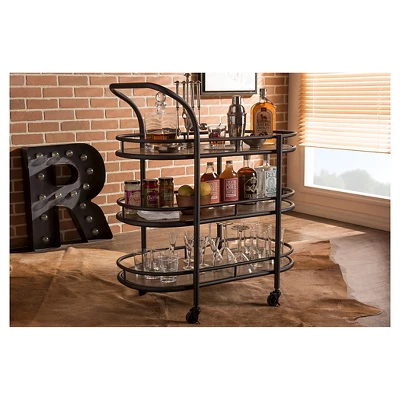 Karlin Rustic Industrial Style Antique Black Textured Finish Metal Distressed Wood Mobile Kitchen Bar Serving Wine Cart - Baxton Studio