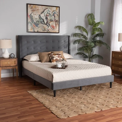 Gothard Velvet Fabric Upholstered And Wood Platform Bed - Baxton Studio