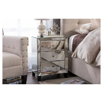 Chevron Modern And Contemporary Hollywood Regency Glamour Style Mirrored 3 - Drawers Nightstand Bedside Table - Baxton Studio - Image 3