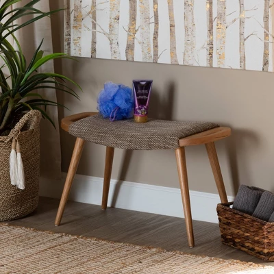 Banner Fabric Upholstered And Wood Accent Bench - Light Brown/Oak Brown - Baxton Studio - Image 3
