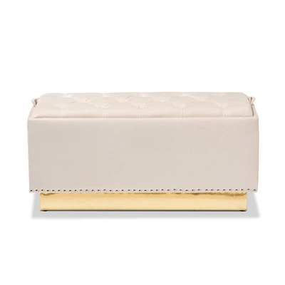 Powell Velvet Fabric Upholstered And PU Leather Ottoman Gold - Baxton Studio - Image 2