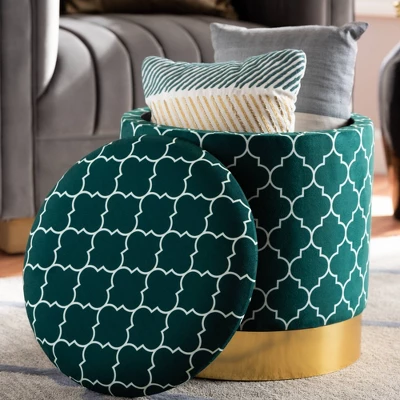 Serra Quatrefoil Velvet Upholstered Metal Storage Ottoman - Baxton Studio - Image 5