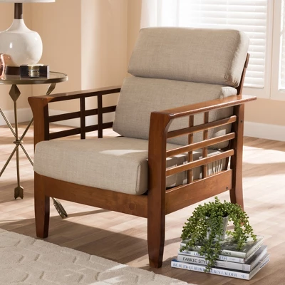 Baxton Studio Larissa Modern Classic Mission Style Cherry Finished Wood And Fabric High Back Cushioned Living Room Dark Beige Cherry - Image 6