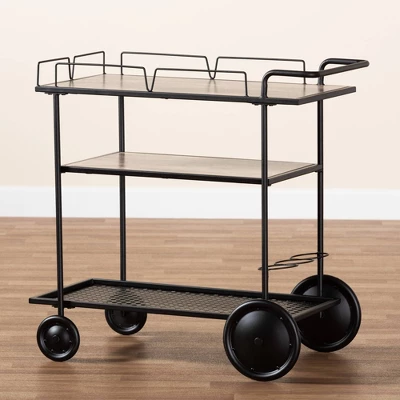Huntley Wood And Metal Mobile Wine Cart Walnut Brown/Black - Baxton Studio - Image 7