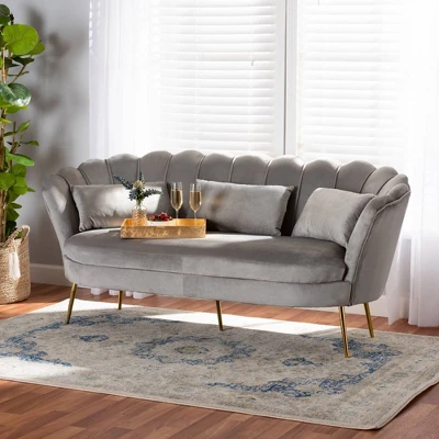 Genia Velvet Fabric Upholstered And Metal Sofa Gray/Gold - Baxton Studio - Image 4