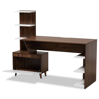 Tobias Two-Tone Wood Storage Computer Desk With Shelves Walnut - Baxton Studio