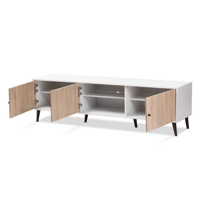 Bastien Light Oak 6 Shelf TV Stand For TVs Up To 60" White/Brown - Baxton Studio - Image 3