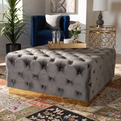 Verene Velvet Upholstered Square Cocktail Ottoman Gray/Gold - Baxton Studio - Image 4