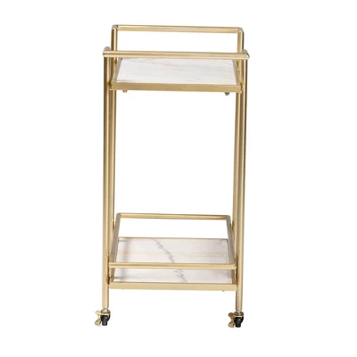 Louise Metal And Marble 2 Tier Wine Cart Gold/White Marble - Baxton Studio - Image 3