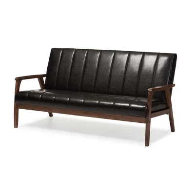 Nikko Mid-Century Modern Scandinavian Style Faux Leather Wooden 3 Seater Sofa - Baxton Studio - Image 5