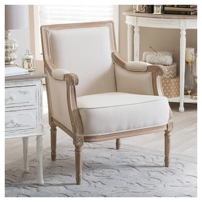 Chavanon Wood & Linen Traditional French Accent Chair Light Beige - Baxton Studio - Image 4