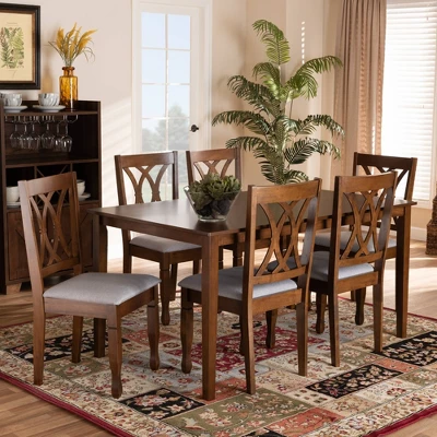 7pc Augustine Fabric Upholstered Dining Set Gray/Walnut Brown - Baxton Studio - Image 6