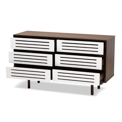 6 Drawer Wood Dresser And Meike Two-Tone Walnut/White - Baxton Studio