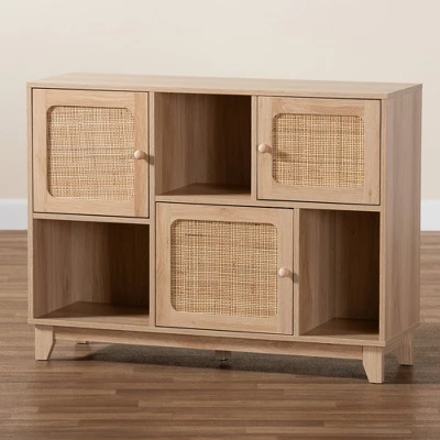 Elsbeth Wood And Natural Rattan 3 Door Sideboard Light Brown/Natural Brown - Baxton Studio - Image 8