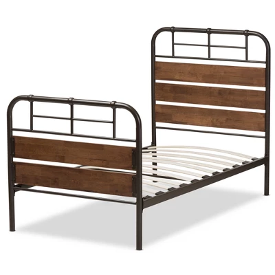 Twin Monoco Rustic Industrial Finished Metal Wood Platform Bed Brown - Baxton Studio - Image 2