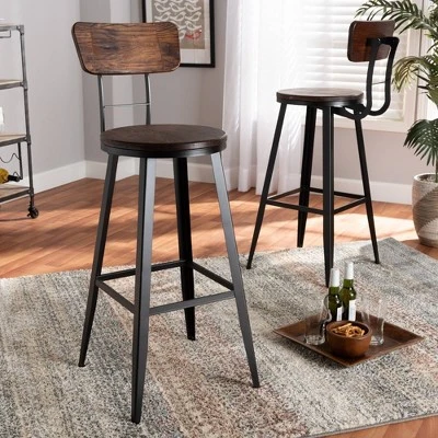 Set Of 2 Kenna Wood And Metal Finished Metal Barstools Brown/Black - Baxton Studio - Image 4