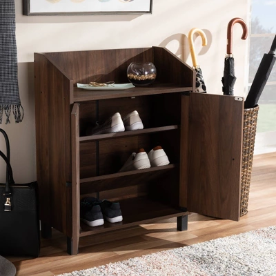 Rossin Walnut Finished 2 Door Wood Entryway Shoe Storage Cabinet With Open Shelf Brown - Baxton Studio - Image 2