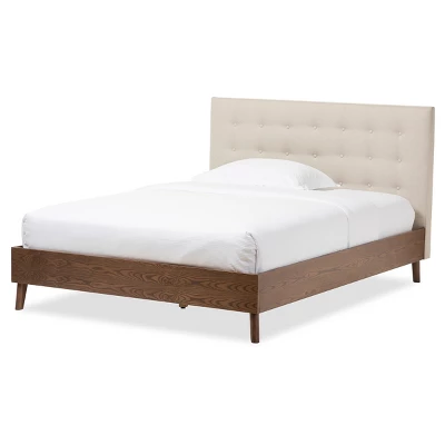 Alinia Mid-Century Retro Modern Fabric Upholstered Walnut Wood Platform Bed - Queen - Baxton Studio - Image 6