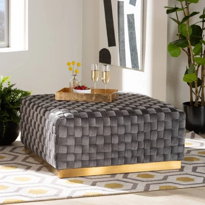 Noah Velvet Fabric Upholstered Square Cocktail Ottoman Gray/Gold - Baxton Studio - Image 3