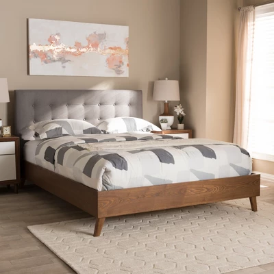 King Alinia Mid Century Retro Modern Fabric Upholstered Walnut Wood Platform Bed - Baxton Studio - Image 5