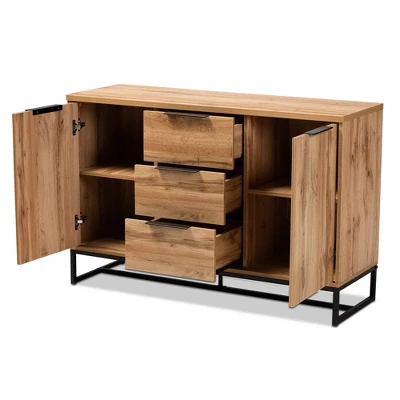 Reid Wood & Metal 3 Drawer Sideboard Buffet Oak/Black - Baxton Studio