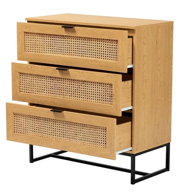 Sawyer Wood And Metal 3 Drawer Storage Cabinet With Natural Rattan Oak Brown/Black - Baxton Studio - Image 2
