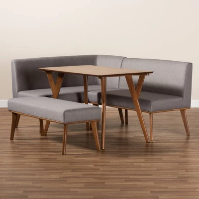 4pc Odessa Mid-Century Modern Fabric Upholstered Wood Dining Nook Set Walnut/Brown - Baxton Studio - Image 9