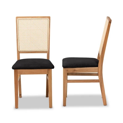 Set Of 2 Idris Fabric Upholstered Rattan Dining Chairs Black/Oak Brown - Baxton Studio - Image 3