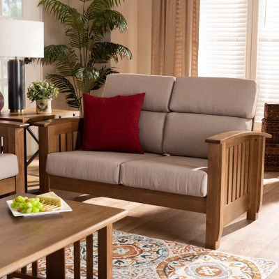 Charlotte Fabric Upholstered Wood 2 Seater Loveseat Taupe/Brown - Baxton Studio - Image 6