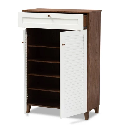 Coolidge 5 Shelf Wood Shoe Cabinet With Drawer White/Walnut - Baxton Studio