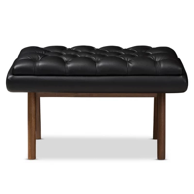 Baxton Studio Annetha Mid Century Modern Walnut Finished Wood Faux Leather Upholstered Ottoman Black