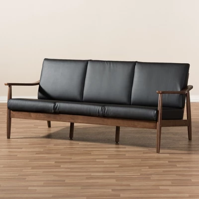 Venza Mid-Modern Walnut Wood Faux Leather 3 Seater Sofa Black - Baxton Studio - Image 6