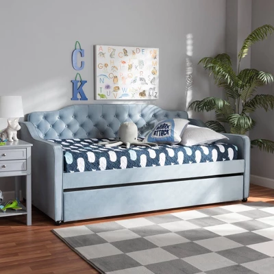 Twin Freda Velvet Tufted Daybed With Trundle Light Blue - Baxton Studio - Image 7