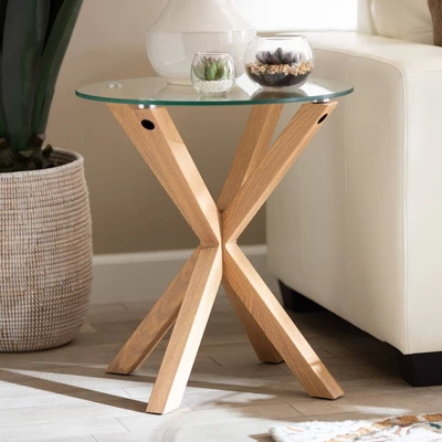 Lida Glass And Wood Finished End Table Clear/Natural - Baxton Studio - Image 3