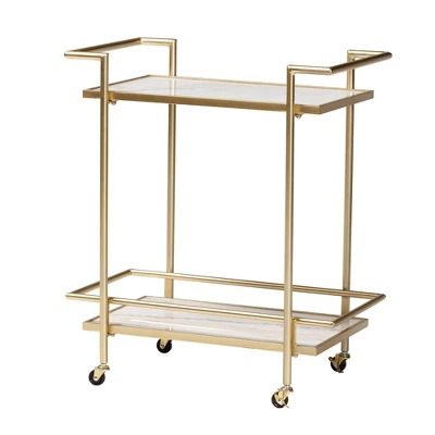 Louise Metal And Marble 2 Tier Wine Cart Gold/White Marble - Baxton Studio - Image 2