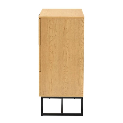 Sawyer Wood And Metal 3 Drawer Storage Cabinet With Natural Rattan Oak Brown/Black - Baxton Studio - Image 4