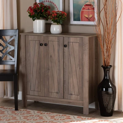 Derek Finished Wood 3 Door Shoe Cabinet Oak - Baxton Studio - Image 6
