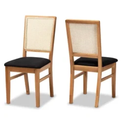 Set Of 2 Idris Fabric Upholstered Rattan Dining Chairs Black/Oak Brown - Baxton Studio
