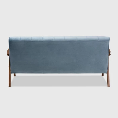 Asta Velvet Upholstered Wood Sofa Light Blue/Walnut - Baxton Studio - Image 3