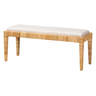 Sofia Rattan And Mahogany Wood Bench White/Natural Brown - Baxton Studio