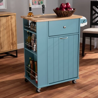 Liona Sky Wood Kitchen Storage Cart Blue/Natural - Baxton Studio - Image 11