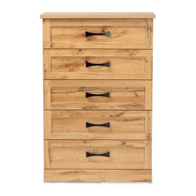 Colburn Wood 5 Drawer Tallboy Storage Chest Oak Brown - Baxton Studio - Image 2